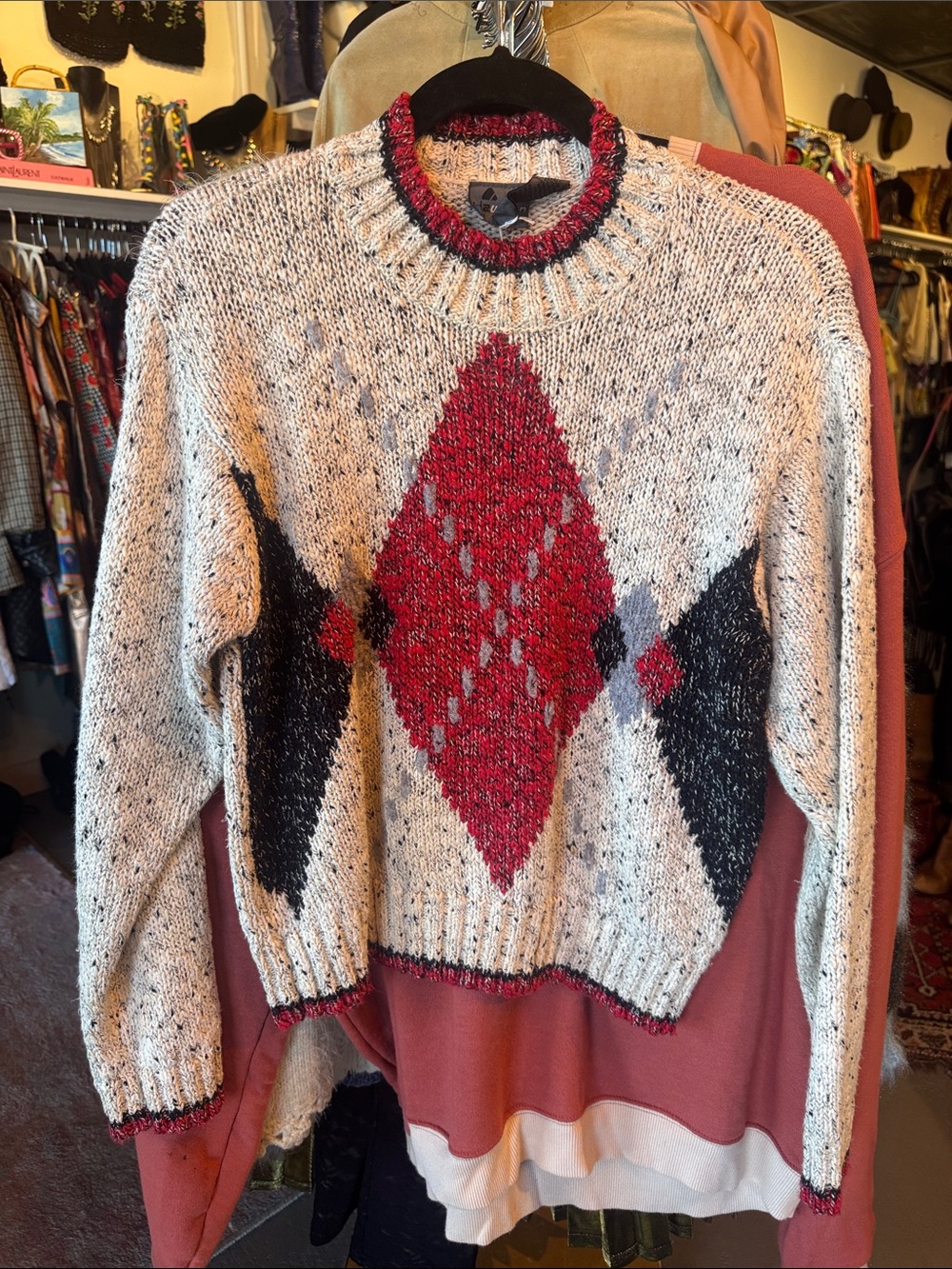 Vintage Liz Wear Diamond-Pattern Crewneck Sweater - Red & Black on Cream